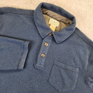 LL Bean Fleece Layering Polo Shirt Mens Medium Blue Long‎ Sleeve Pocket 500556